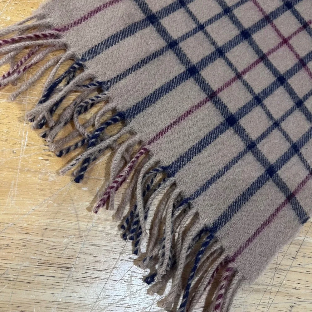 Vtg Brooks Brothers 346 Lambswool Scarf Made in Scotland Plaid Tan Navy‎ Preppy
